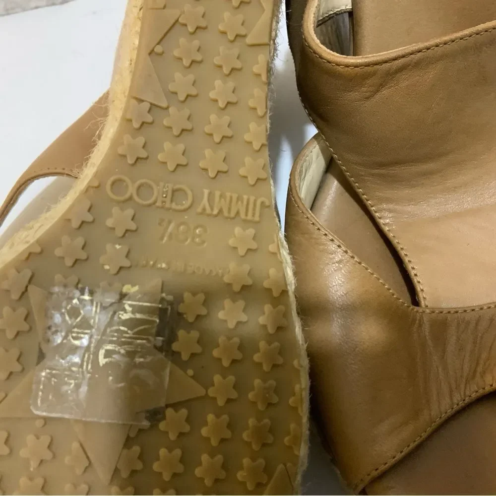 Jimmy Choo Vachetta Leather Teak Espadrille Wedge Sandal 38.5